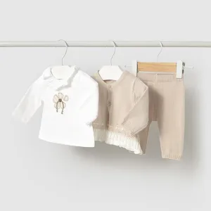 Baby Girls 3 Piece Trousers Set - Beige and White