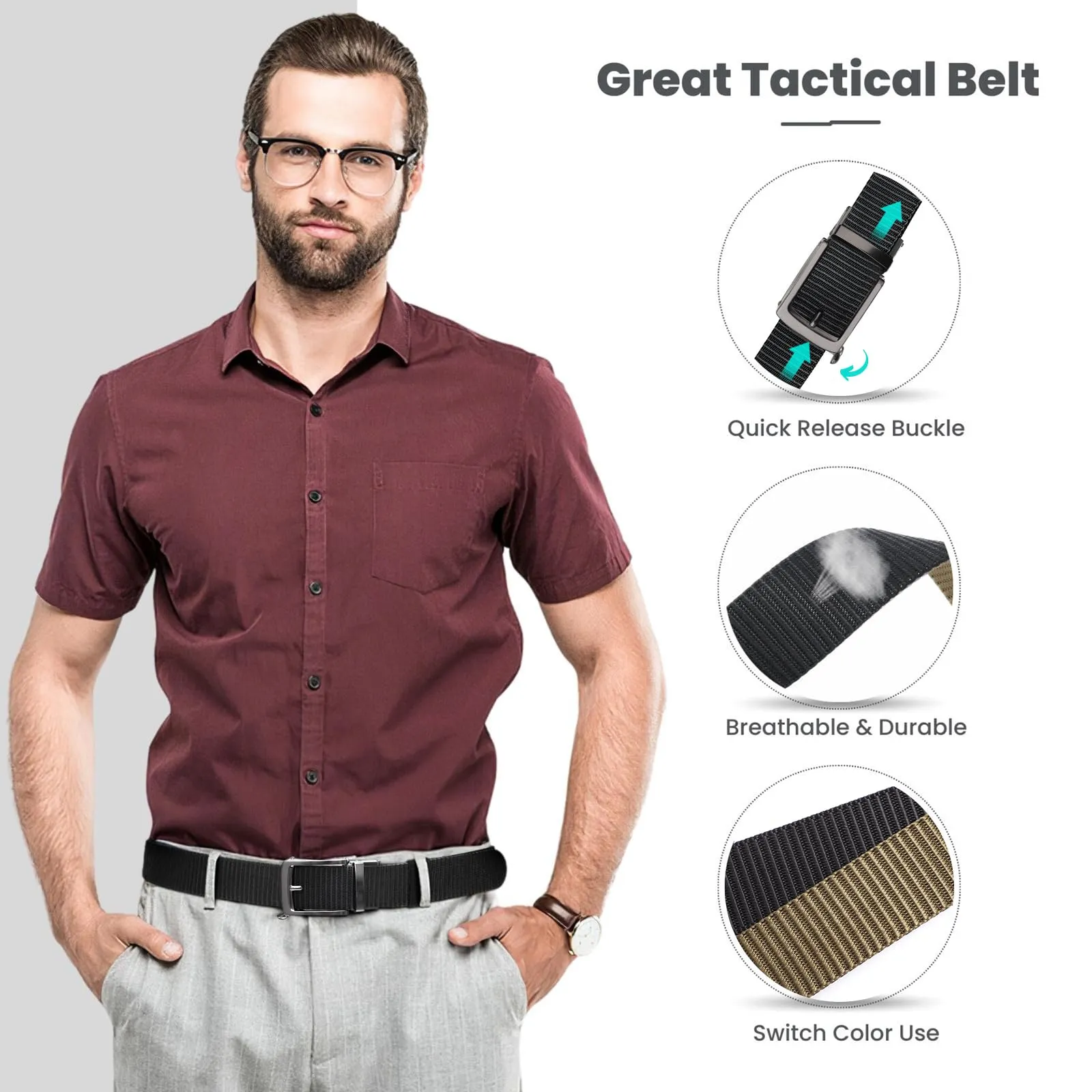 BELTROAD Mens Quick Release Ratchet Belts Reversible Nylon Belts for Golf Pants Dad Birthday Gift Ideas, Black Coyote
