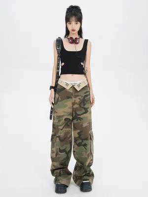 Camouflage Fold-Over Waist Wide-Leg Cargo Pants