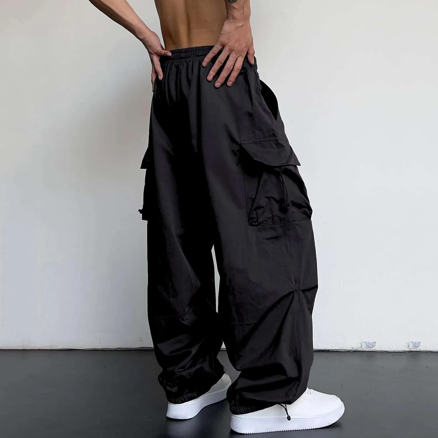 Cargo Pants for Men, Loose Fit Baggy Sweatpants, Casual Solid Color Pants with Pockets, Outdoor Drawstring Trousers