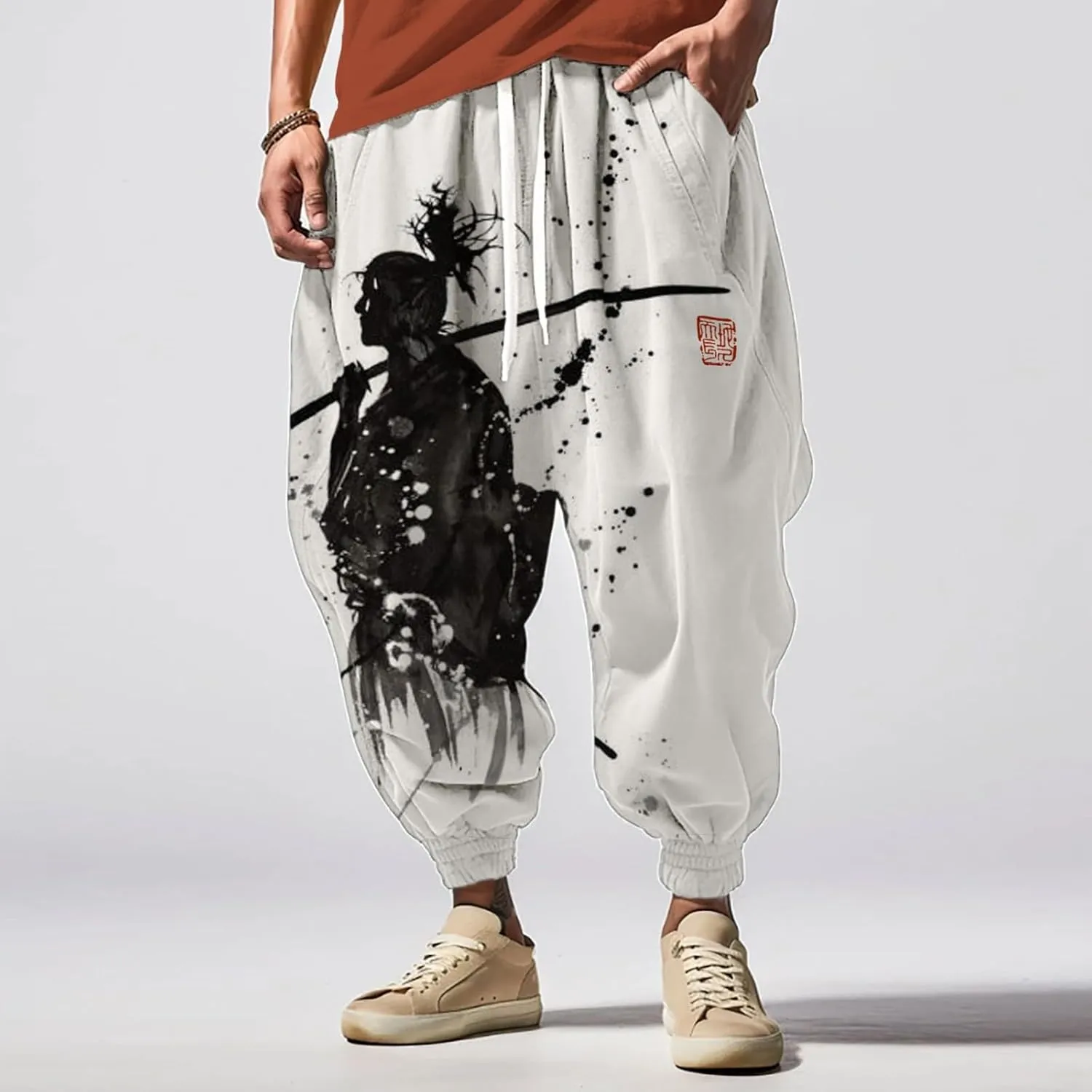 Casual Comfy Elastic Drawstring Baggy Trouser Sweatpants Mens Athletic Pants Japanese Pants Samurai