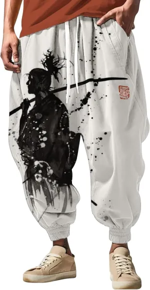 Casual Comfy Elastic Drawstring Baggy Trouser Sweatpants Mens Athletic Pants Japanese Pants Samurai