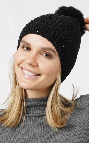 EHT10876 STONE DECO CHENILLE POMPOM BEANIE