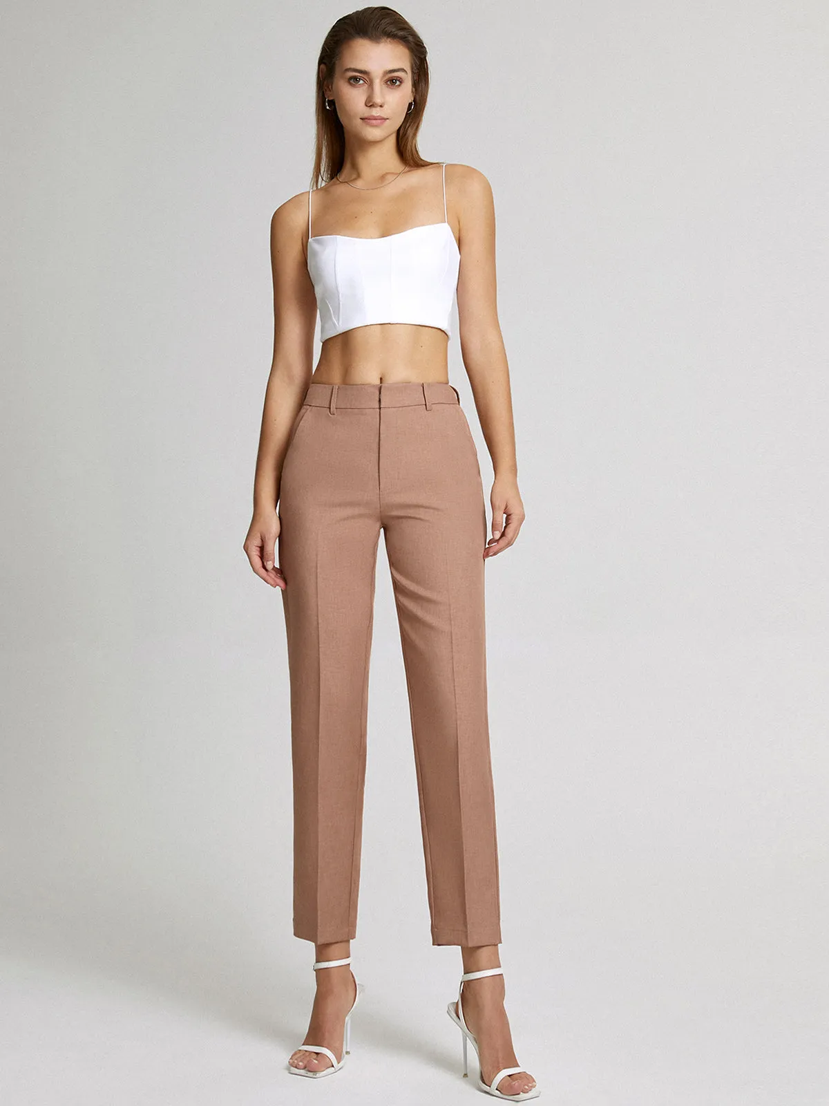 High Waisted Cropped Trendy Skinny Straight Leg Trousers