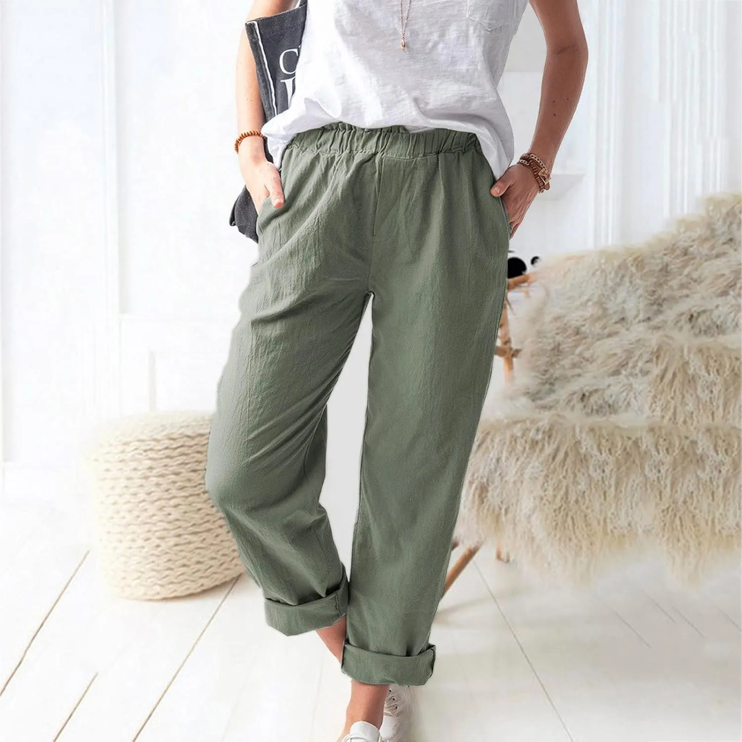 High Waisted Pants with Pockets for Women, Casual Elastic Waist Straight Wide Leg Pants Solid Comfy Trousers