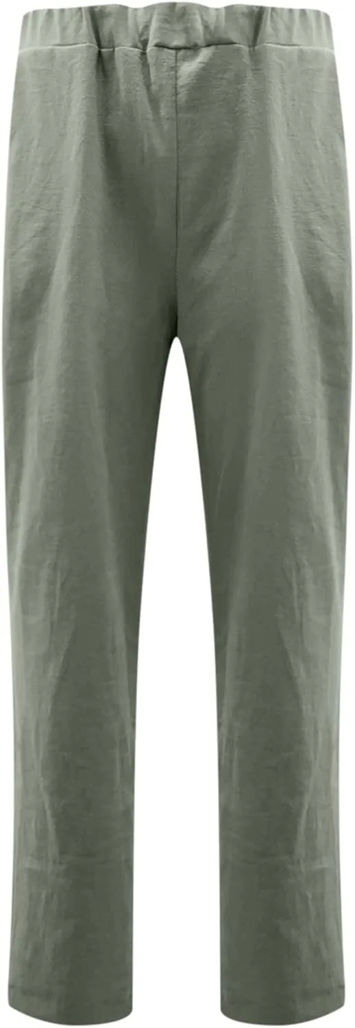 High Waisted Pants with Pockets for Women, Casual Elastic Waist Straight Wide Leg Pants Solid Comfy Trousers