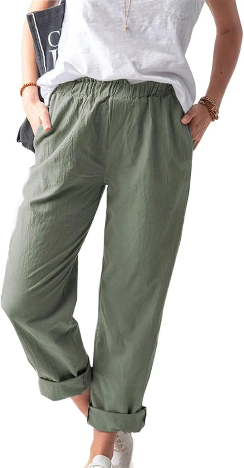 High Waisted Pants with Pockets for Women, Casual Elastic Waist Straight Wide Leg Pants Solid Comfy Trousers