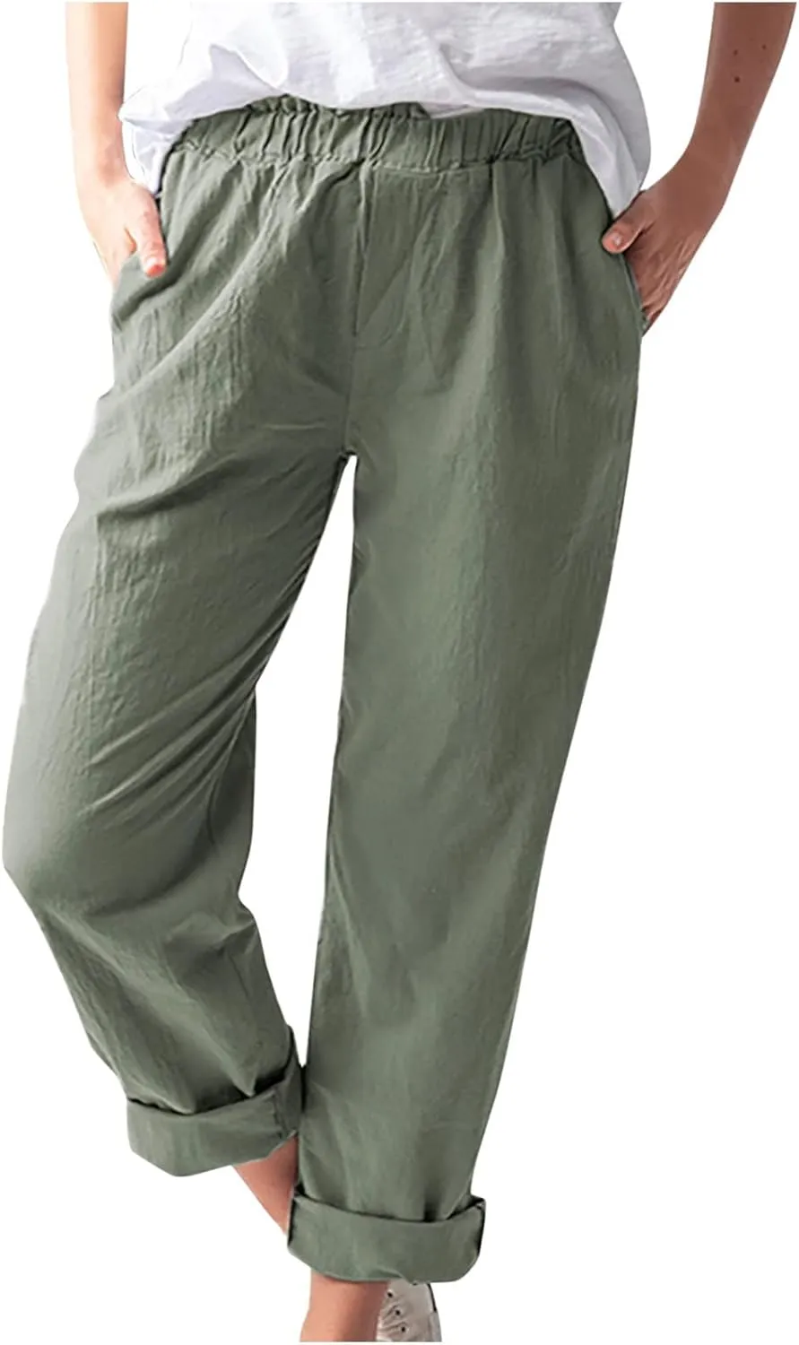 High Waisted Pants with Pockets for Women, Casual Elastic Waist Straight Wide Leg Pants Solid Comfy Trousers