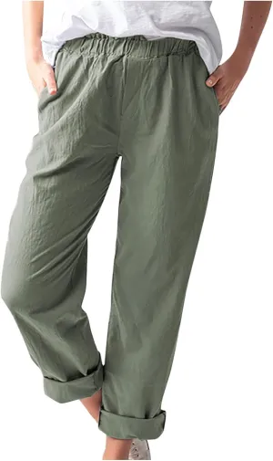 High Waisted Pants with Pockets for Women, Casual Elastic Waist Straight Wide Leg Pants Solid Comfy Trousers