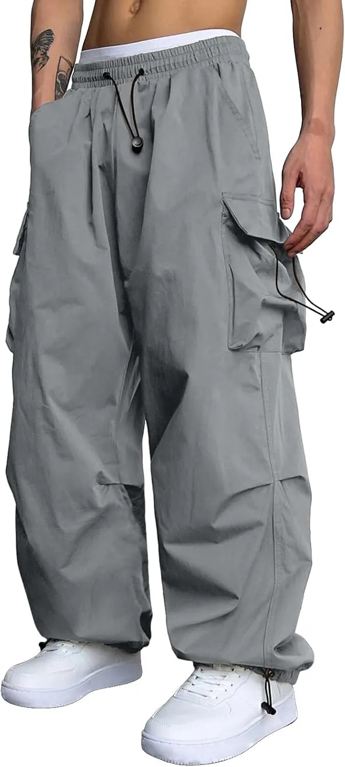 Men's Baggy Cargo Pants Casual Wide Leg Parachute Cargo Pants Loose Fit Palazzo Hip Hop Harem Trouser with Pockets