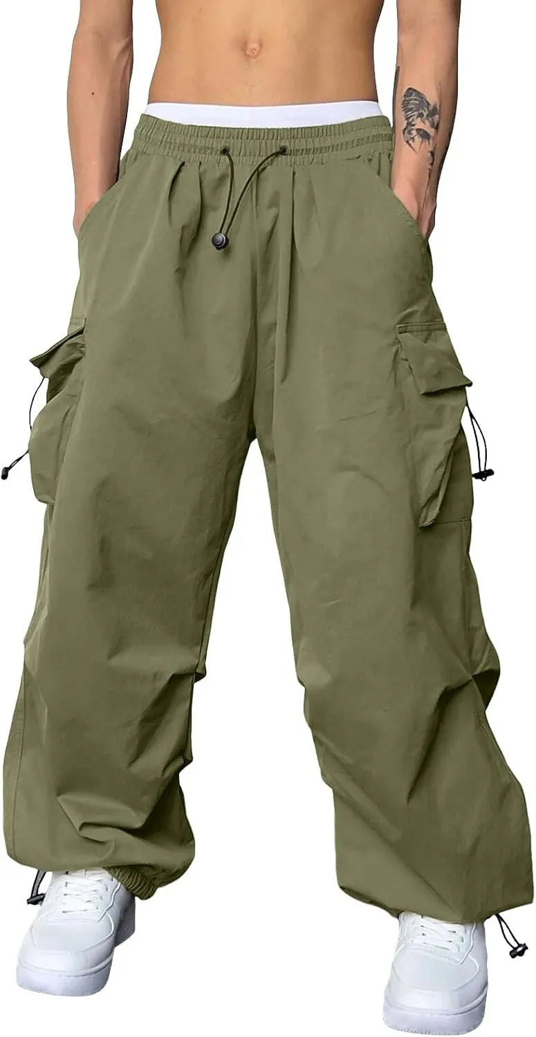 Men's Parachute Pants Loose Fit Y2K Sweatpants Casual Baggy Cargo Pant Y2K Hip Hop Streetwear Harem Pants with Pocket