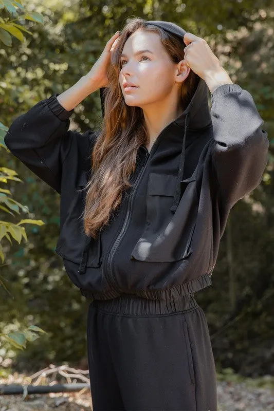 MODAL POLY SPAN SCUBA POCKET HOODIE JACKET - BLACK
