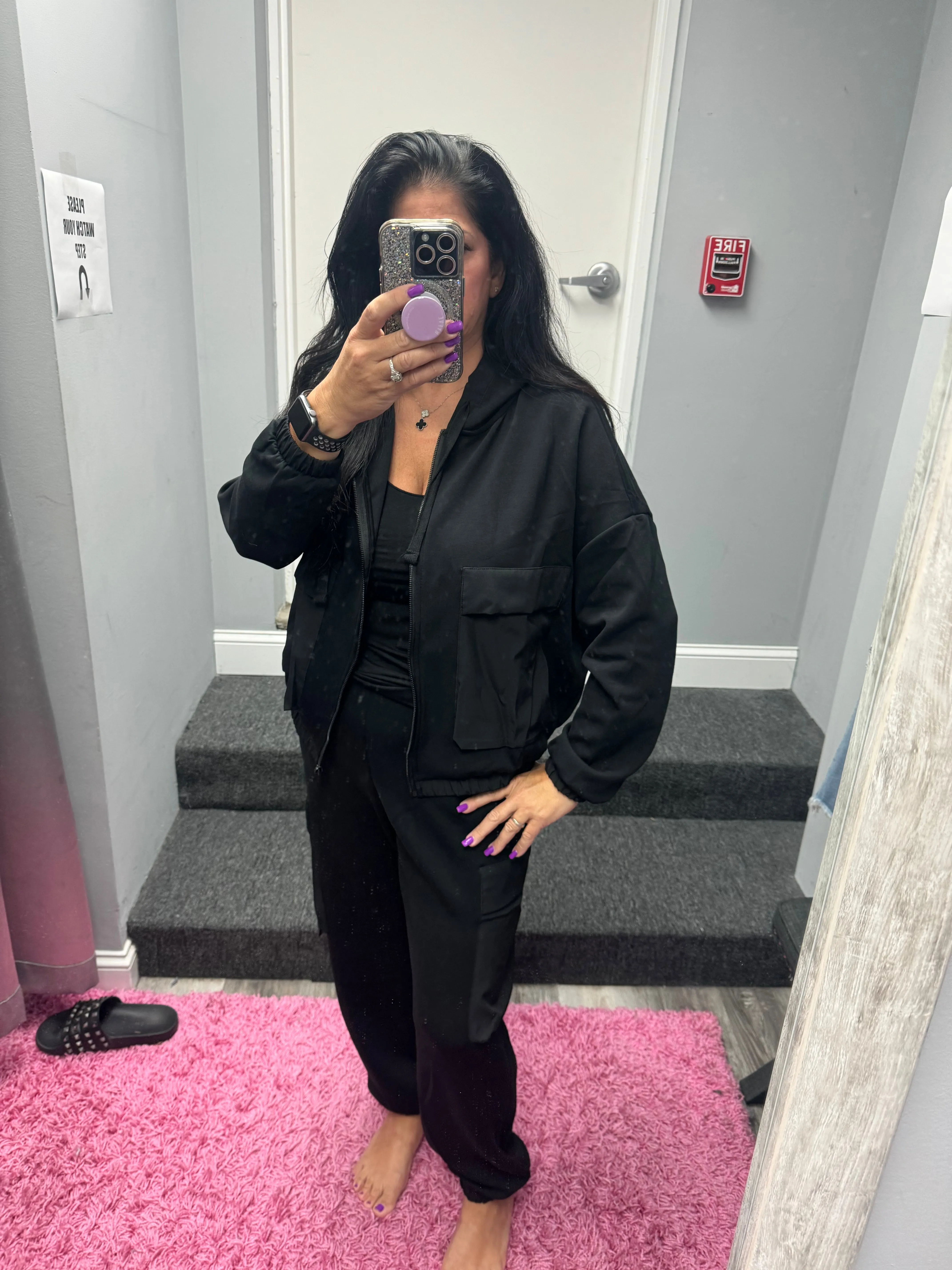 MODAL POLY SPAN SCUBA POCKET HOODIE JACKET - BLACK