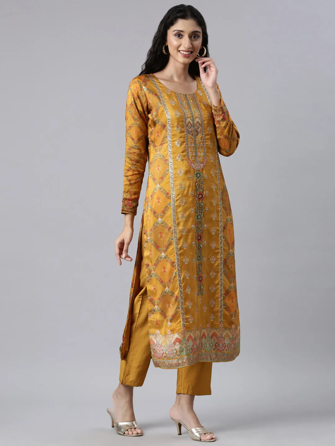 Neerus Mustard Panelled Straight Kurta and Trousers With Dupatta