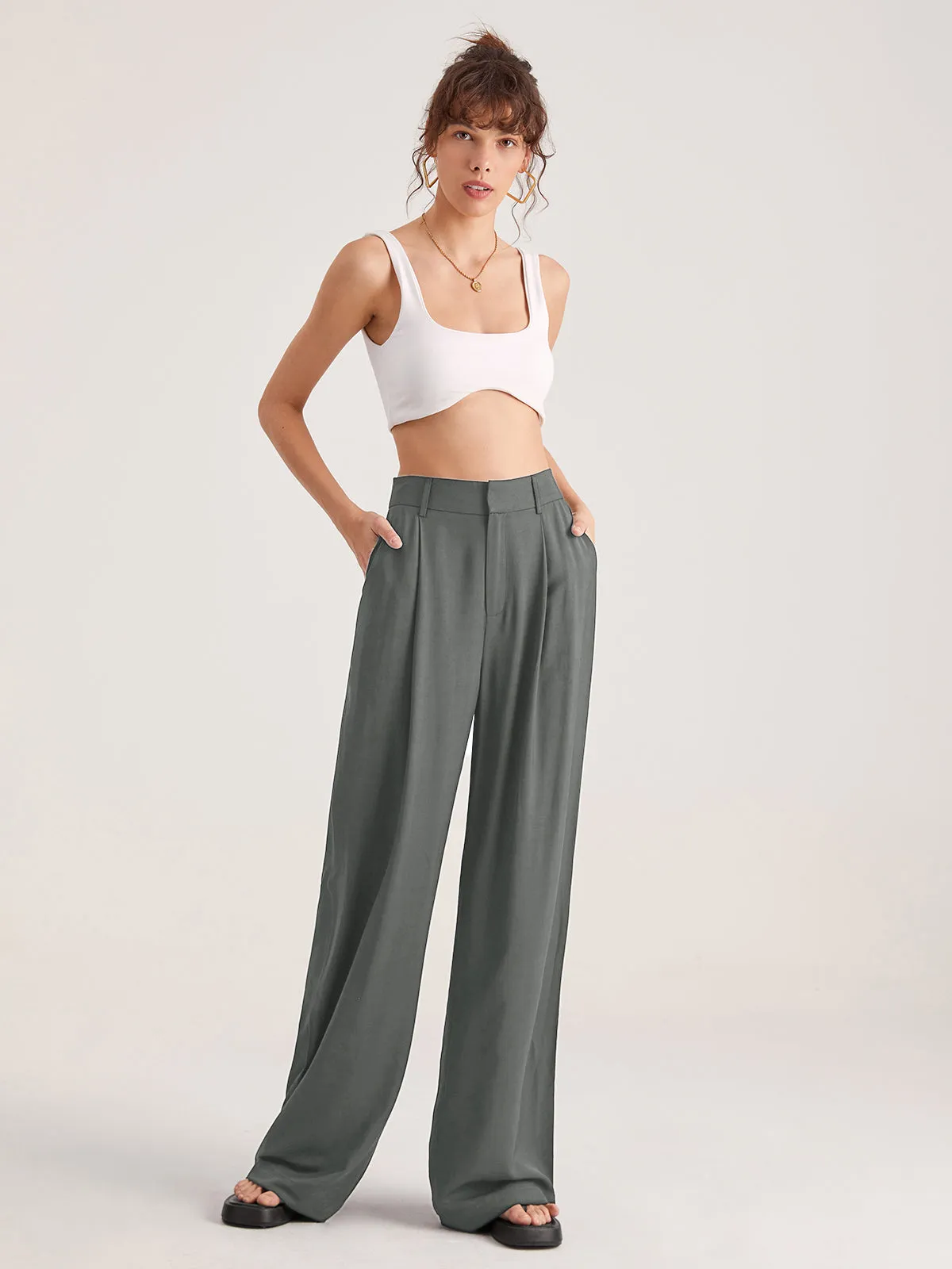 Oversized High Waisted Trendy Pleat Front Trousers