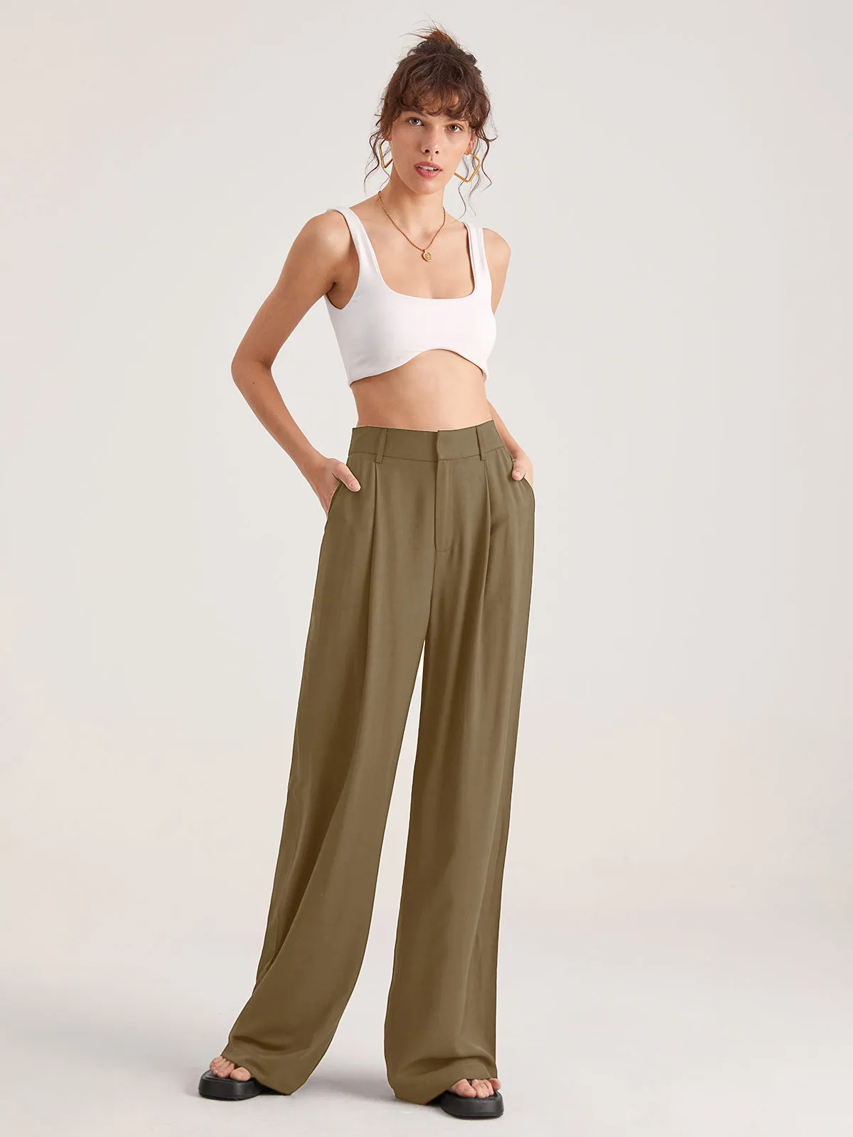 Oversized High Waisted Trendy Pleat Front Trousers