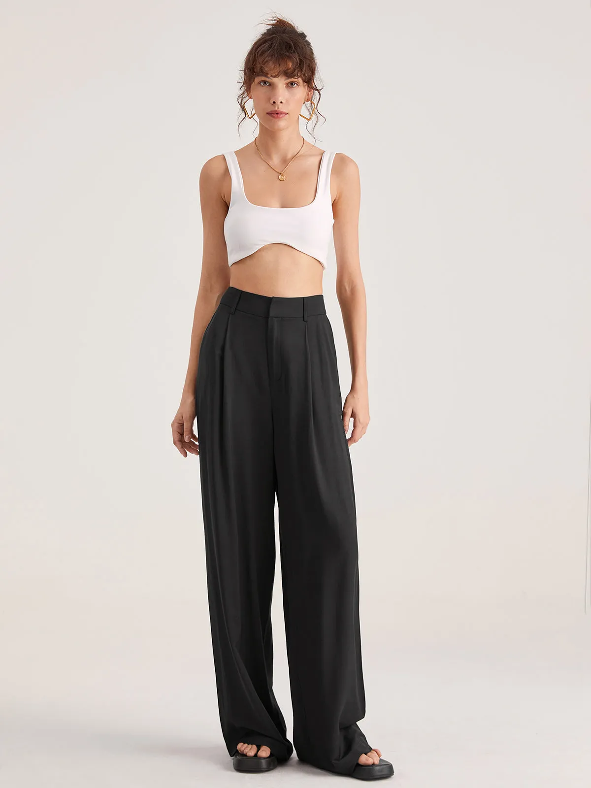 Oversized High Waisted Trendy Pleat Front Trousers