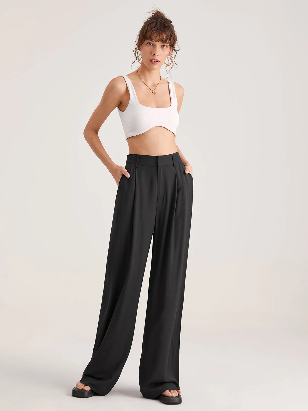 Oversized High Waisted Trendy Pleat Front Trousers