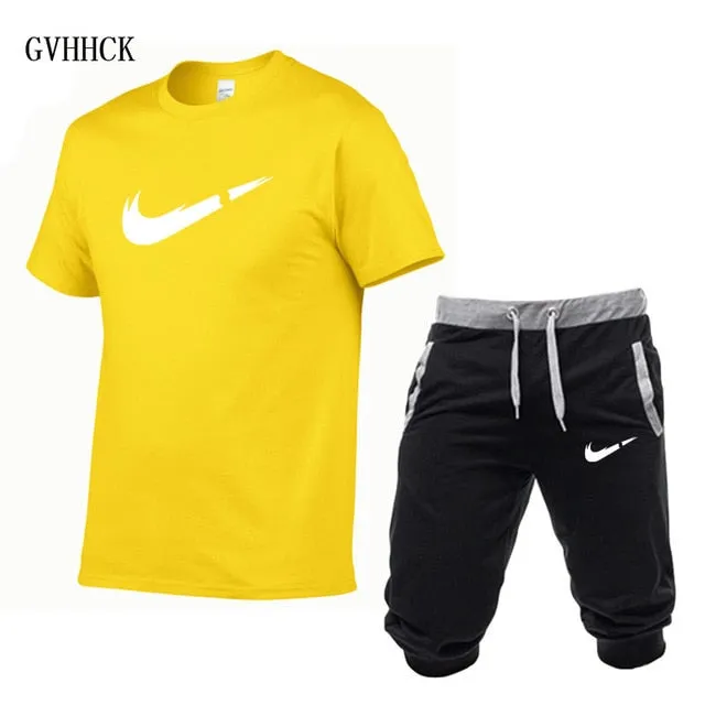 Summer New Tracksuit Men Shorts Casual Men's Sportswear Suit Shorts Brand Clothing Two Pieces Top Tee Shorts Sweat Suits 2019
