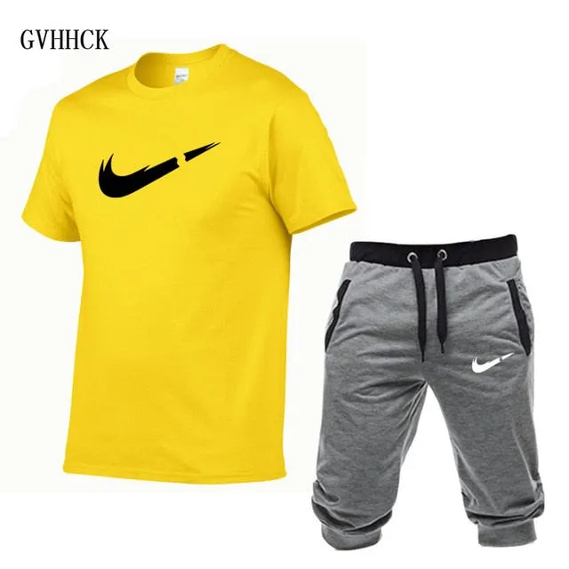 Summer New Tracksuit Men Shorts Casual Men's Sportswear Suit Shorts Brand Clothing Two Pieces Top Tee Shorts Sweat Suits 2019