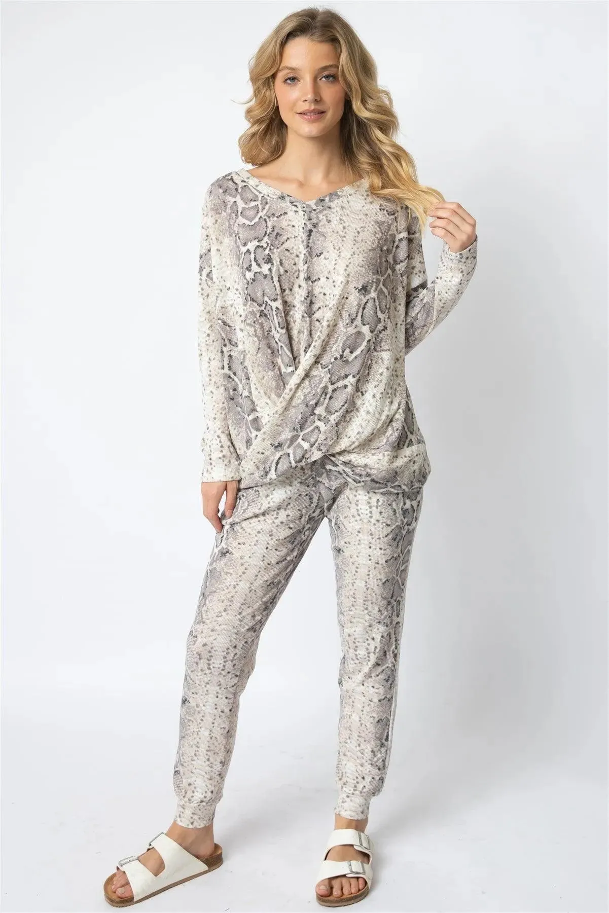 Taupe Waffle Knit Snake Print Twist Detail Top & Jogger Pant Set /1-1-1