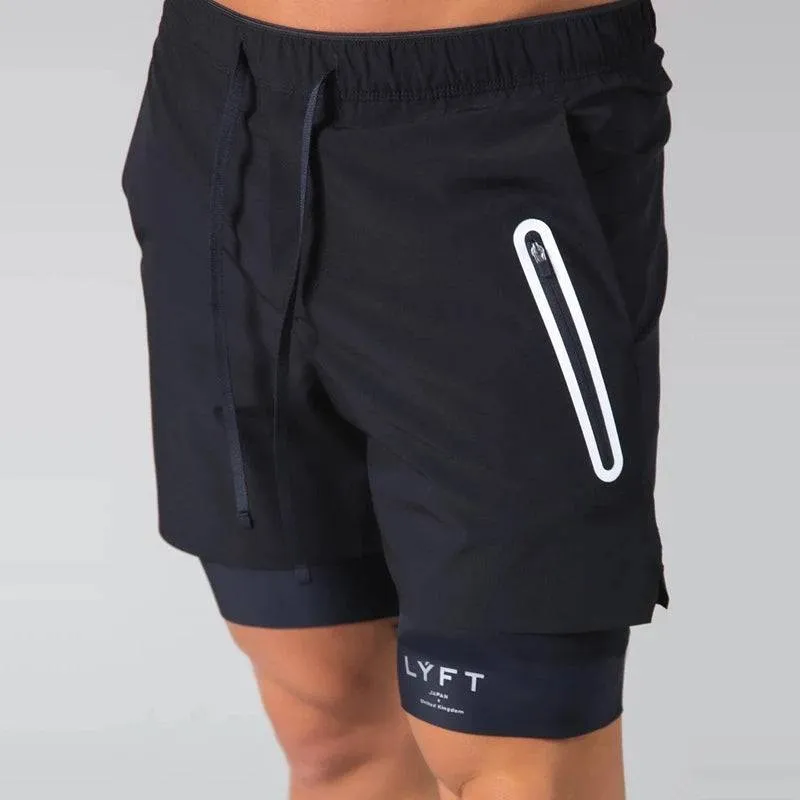 Two-in-one Jogging Fitness Training Quick-drying Sports Shorts Zipper Pocket Navy Blue Casual Pants