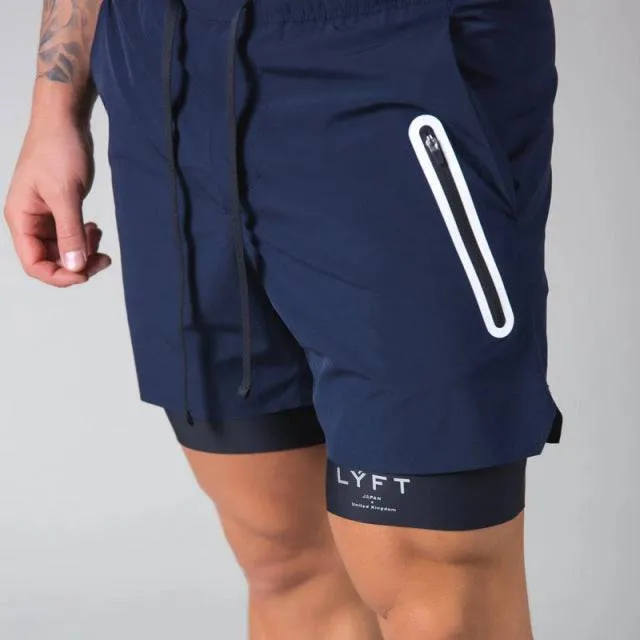 Two-in-one Jogging Fitness Training Quick-drying Sports Shorts Zipper Pocket Navy Blue Casual Pants