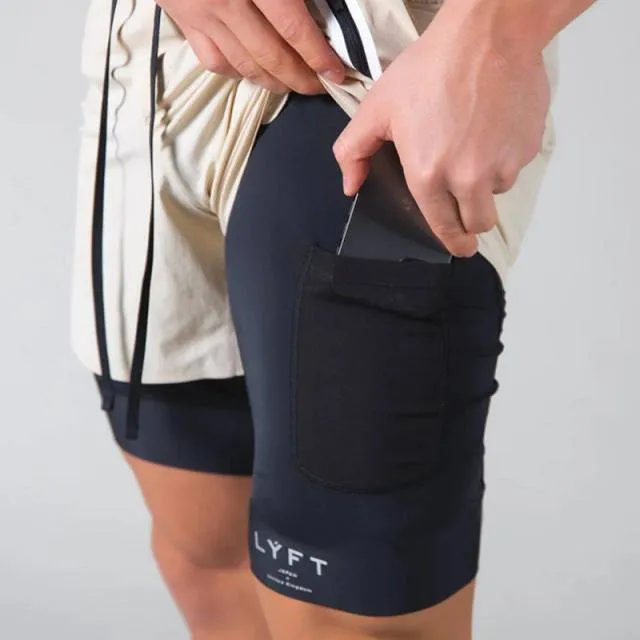 Two-in-one Jogging Fitness Training Quick-drying Sports Shorts Zipper Pocket Navy Blue Casual Pants