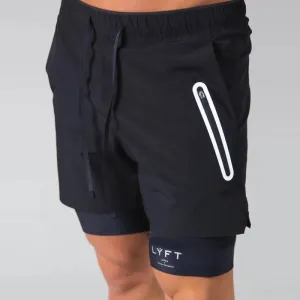 Two-in-one Jogging Fitness Training Quick-drying Sports Shorts Zipper Pocket Navy Blue Casual Pants