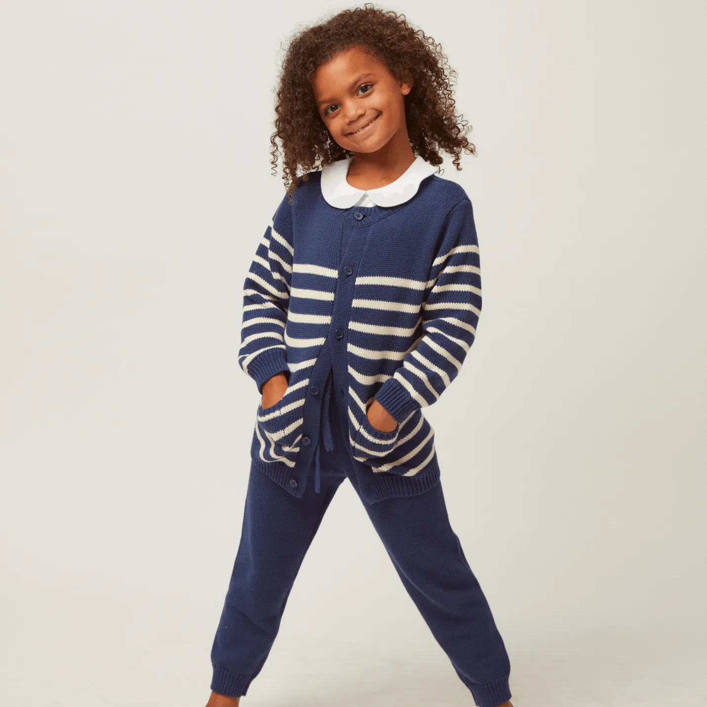 unisex navy and cream stripe knit cardigan