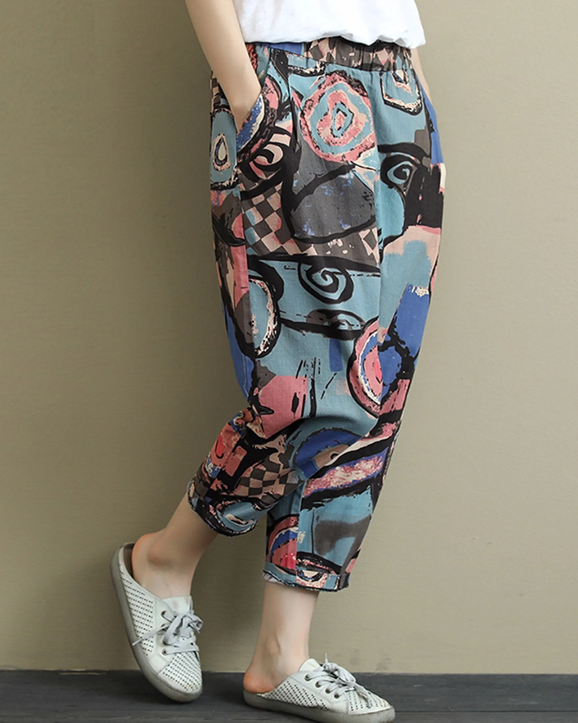 Vintage Abstract Circlel & Yellow Floral Pajama Capri Combo Pack For Womens & Girls(Pack Of 2 Pcs)