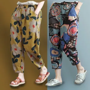 Vintage Abstract Circlel & Yellow Floral Pajama Capri Combo Pack For Womens & Girls(Pack Of 2 Pcs)