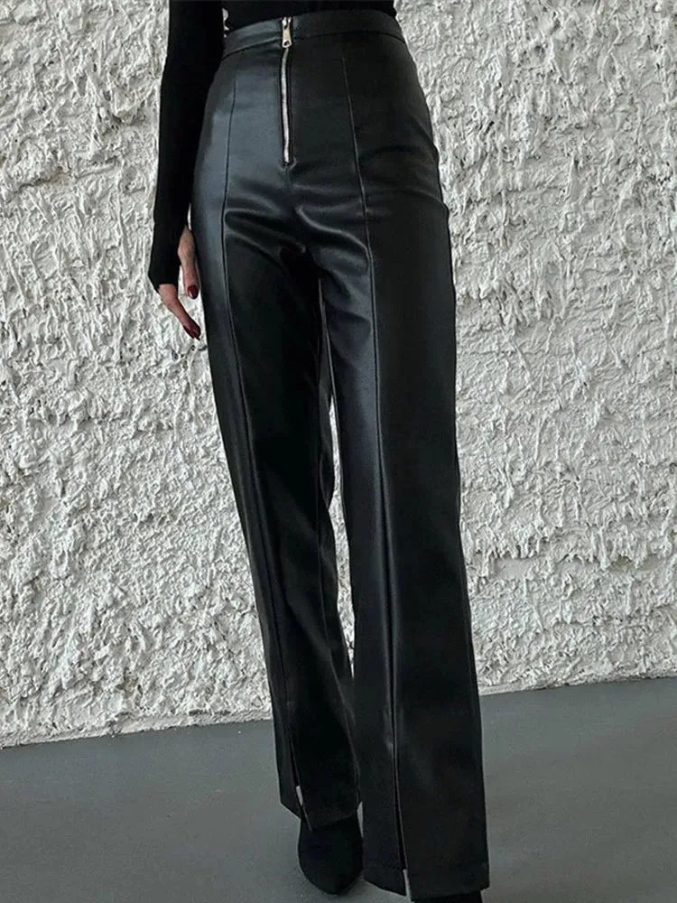 Vintage PU Leather High-Waist Pants – Loose Zipper Straight Trousers