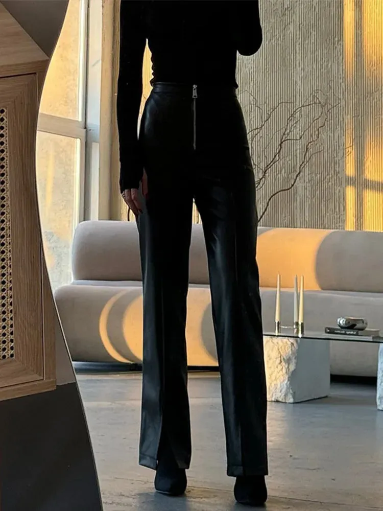 Vintage PU Leather High-Waist Pants – Loose Zipper Straight Trousers