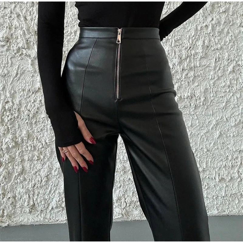 Vintage PU Leather High-Waist Pants – Loose Zipper Straight Trousers