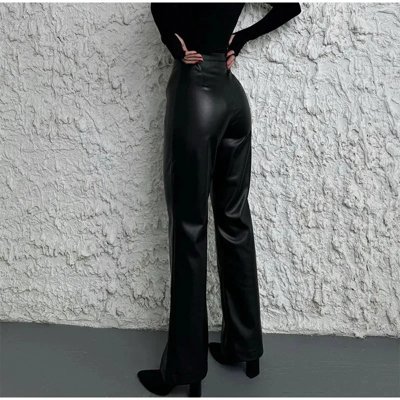 Vintage PU Leather High-Waist Pants – Loose Zipper Straight Trousers