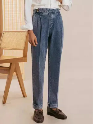 Wiaofellas  -  Naples Style Mens Vintage Jeans Streetwear Fall Trendy Belt Design Denim Trousers Men Casual Slim Solid Color Washed Jean Pants