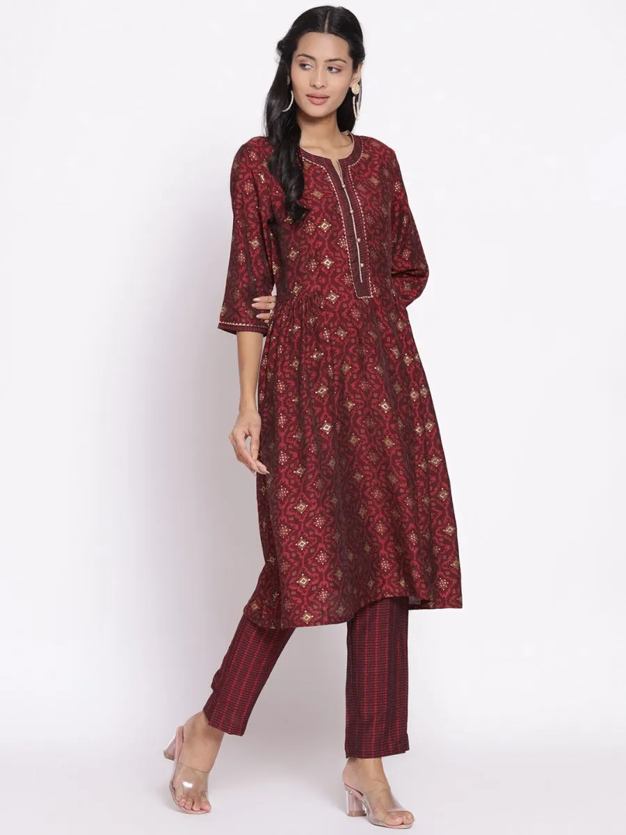 Women Maroon Geometrical Printed Kurta With Trouser