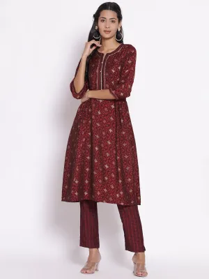 Women Maroon Geometrical Printed Kurta With Trouser
