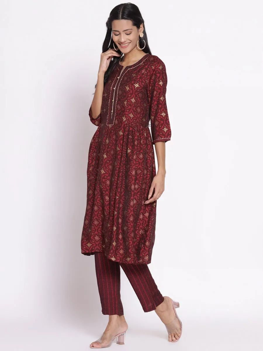 Women Maroon Geometrical Printed Kurta With Trouser