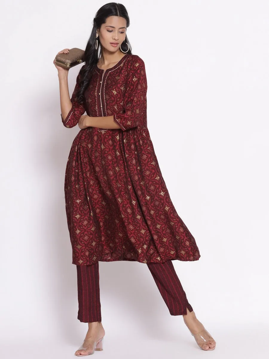 Women Maroon Geometrical Printed Kurta With Trouser