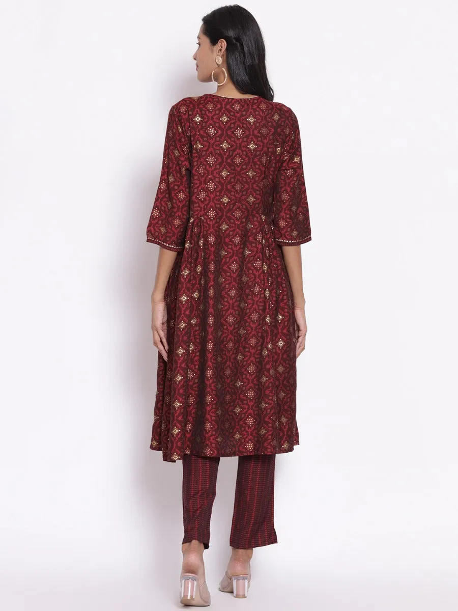 Women Maroon Geometrical Printed Kurta With Trouser