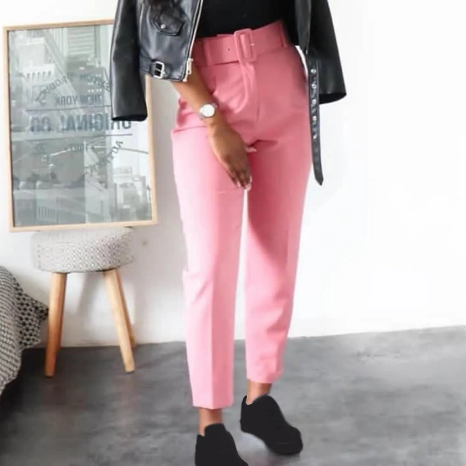 Work Pants for Women Office High Waist Comfy Cropped Business Casual Pockets Slim Fit Trousers with Belt