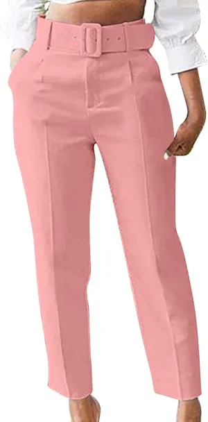 Work Pants for Women Office High Waist Comfy Cropped Business Casual Pockets Slim Fit Trousers with Belt