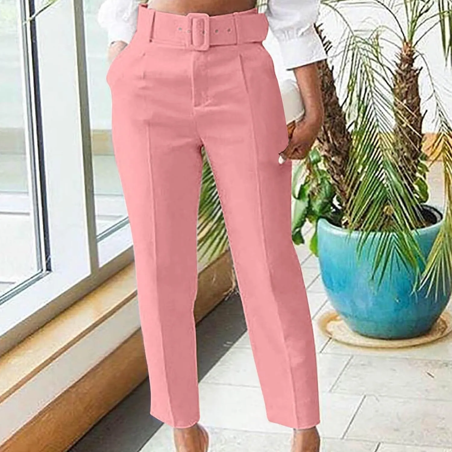 Work Pants for Women Office High Waist Comfy Cropped Business Casual Pockets Slim Fit Trousers with Belt